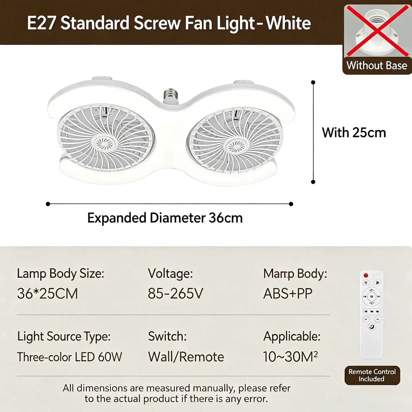 LED Ceiling Fan Light | 60W LED | Remote Control E27 Socket