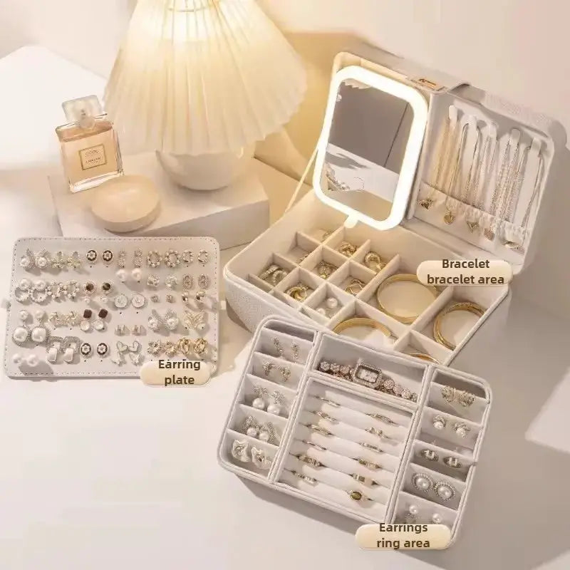 Jewelry Box, Ring, Earrings, Necklace, Anti Oxidation Storage Box, Jewelry Display Accessories - Makeup Mirror with LED Light from PriceLows™
