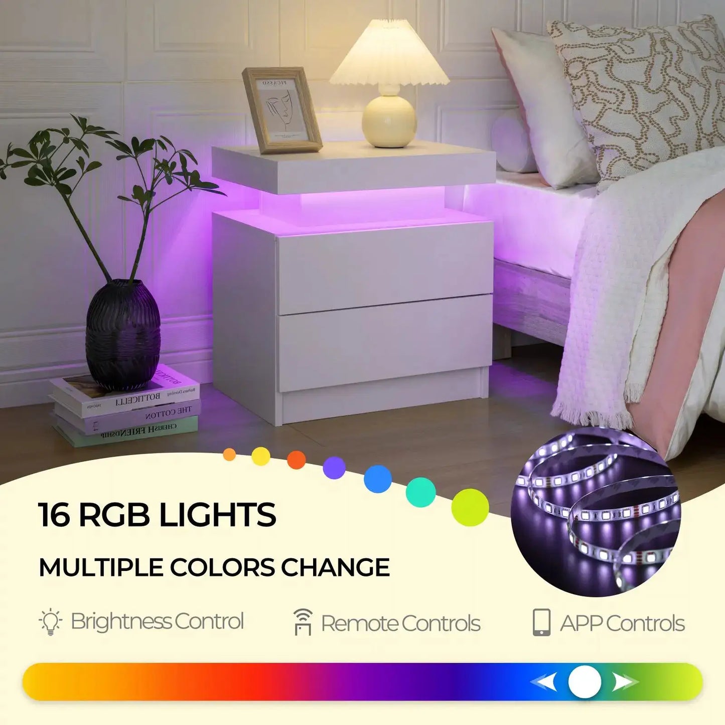 Cubehom LED Nightstands with 2 Drawers, End Table with RGB LED Lights for Bedroom Living Room, White Bedside Table from PriceLows™
