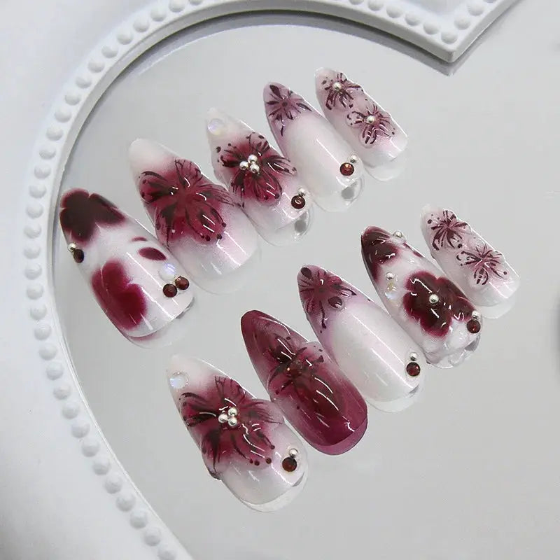 Press On Nails | Wine Red Blush | Flower Print | 24 Piece Set