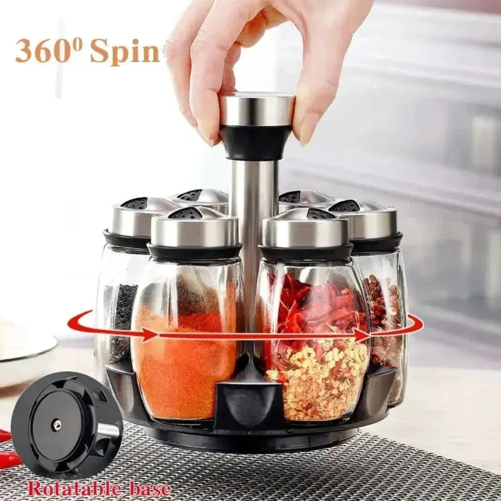 Spice Jar Set | Rotating Glass Organizer | 7 Piece Spice Jars | Kitchen Storage Rack