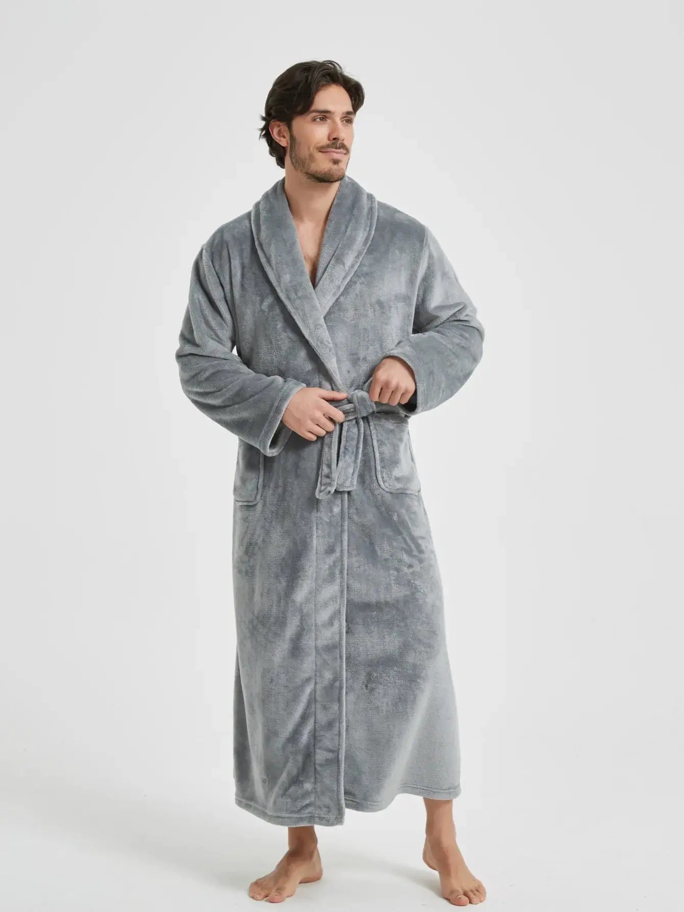 Men Bathrobe | Polyester Knit | Turn Down Collar | Winter Homewear