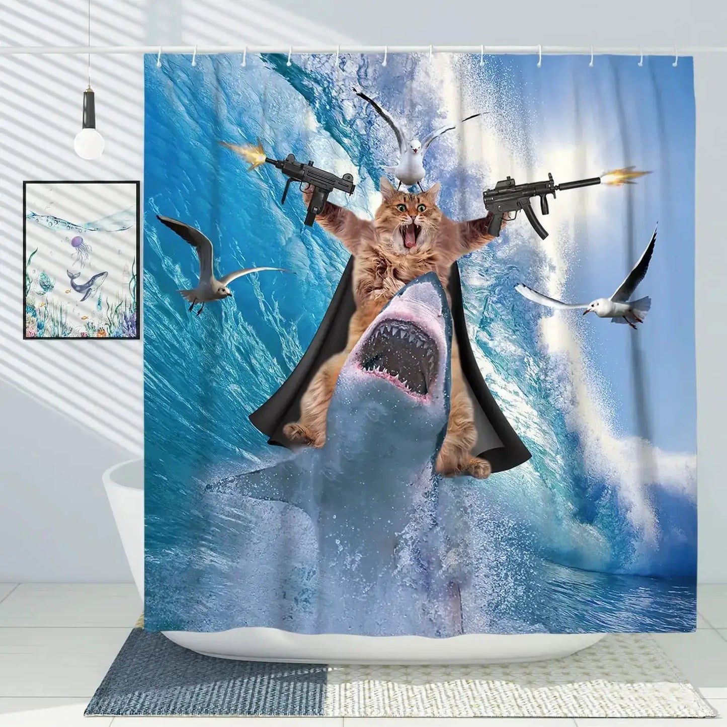 Funny Cat Shower Curtain Cool Cat Riding Shark Seagull On Ocean Sea Blue Waves Kids Creative Design Bathroom Curtain Polyester from PriceLows™