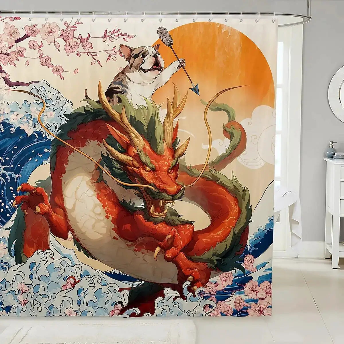 Japanese Style Shower Curtain Fun Dog Dragon Waterproof Bathroom Curtain for Kids Children, Sea Ocean Wave Bath Curtain Kawaii from PriceLows™