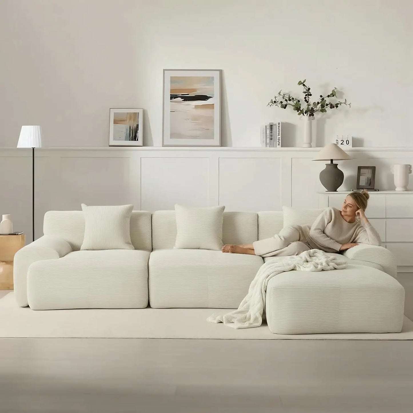 Modular Sectional Sofa | 107in Length | Corduroy Upholstery | With Ottoman