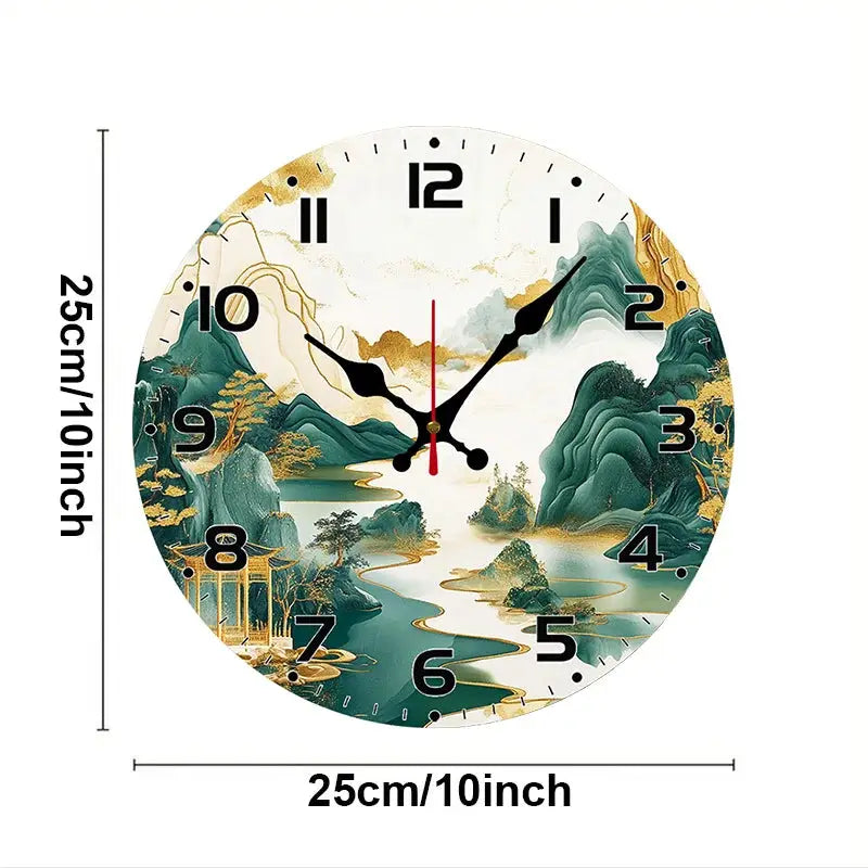 DIY 2D Flat Chinese Landscape Wooden Round Silent Hanging Wall Clock, Suitable For Living Room, Office, Study Room, Bedroom, Home from PriceLows™