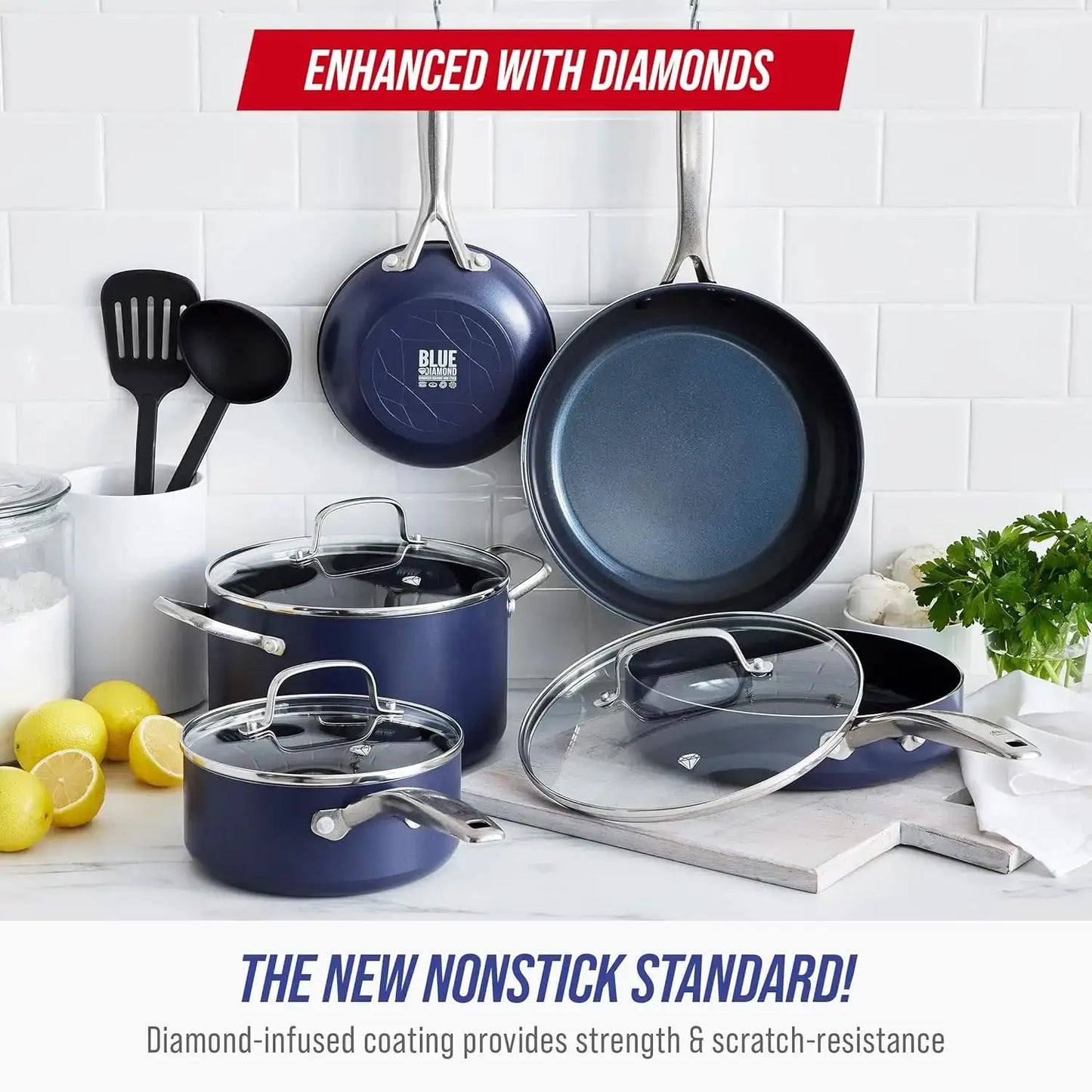 10 Piece Nonstick Cookware Set, Diamond Ceramic Pots & Pans, Dishwasher Safe, Oven Safe to 600F, Blue from PriceLows™