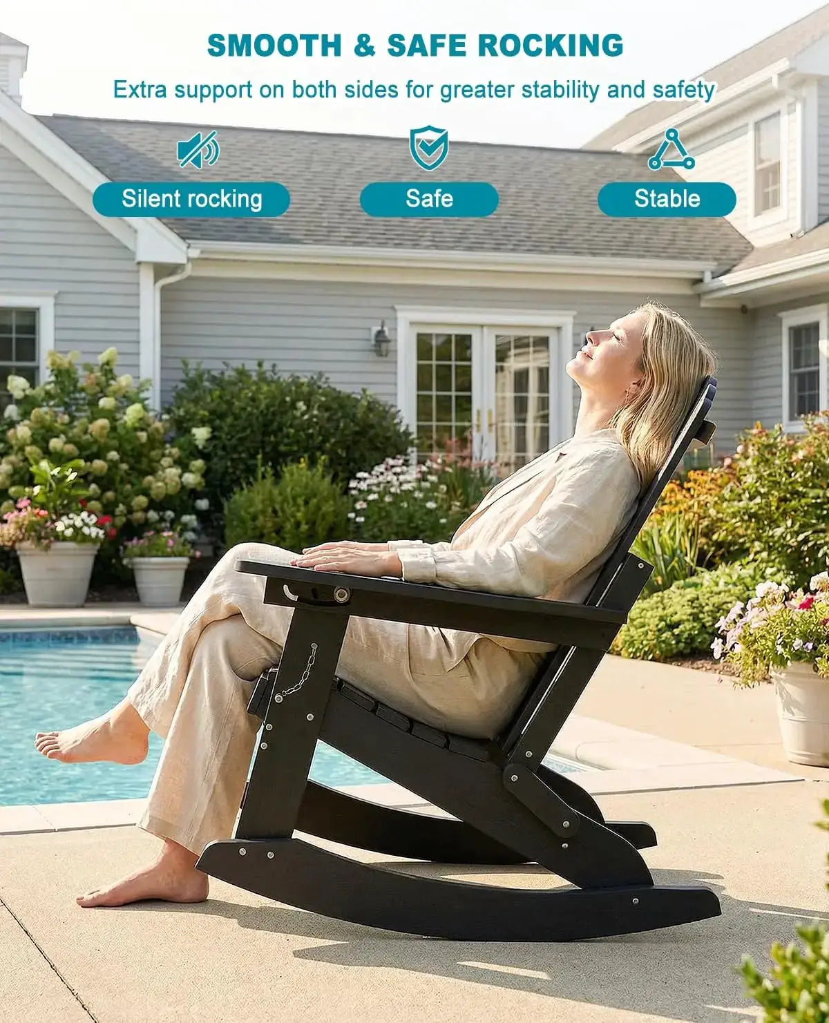 Adirondack Rocking Chairs with Retractable Ottoman & Cup Holders, 6-in-1 Folding HDPE Outdoor Rockers for Patio, Porch, Lawn from PriceLows™