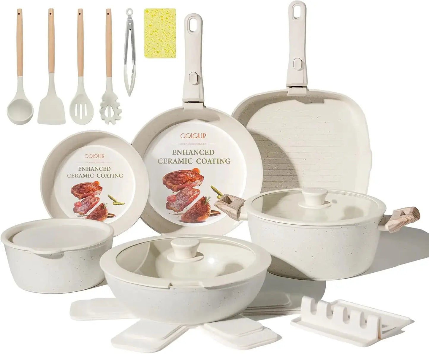 23 Pcs Ceramic Cookware Set Non Stick Pots and Pans with Detachable Handle, Induction Compatible, Space Saving, Oven & from PriceLows™