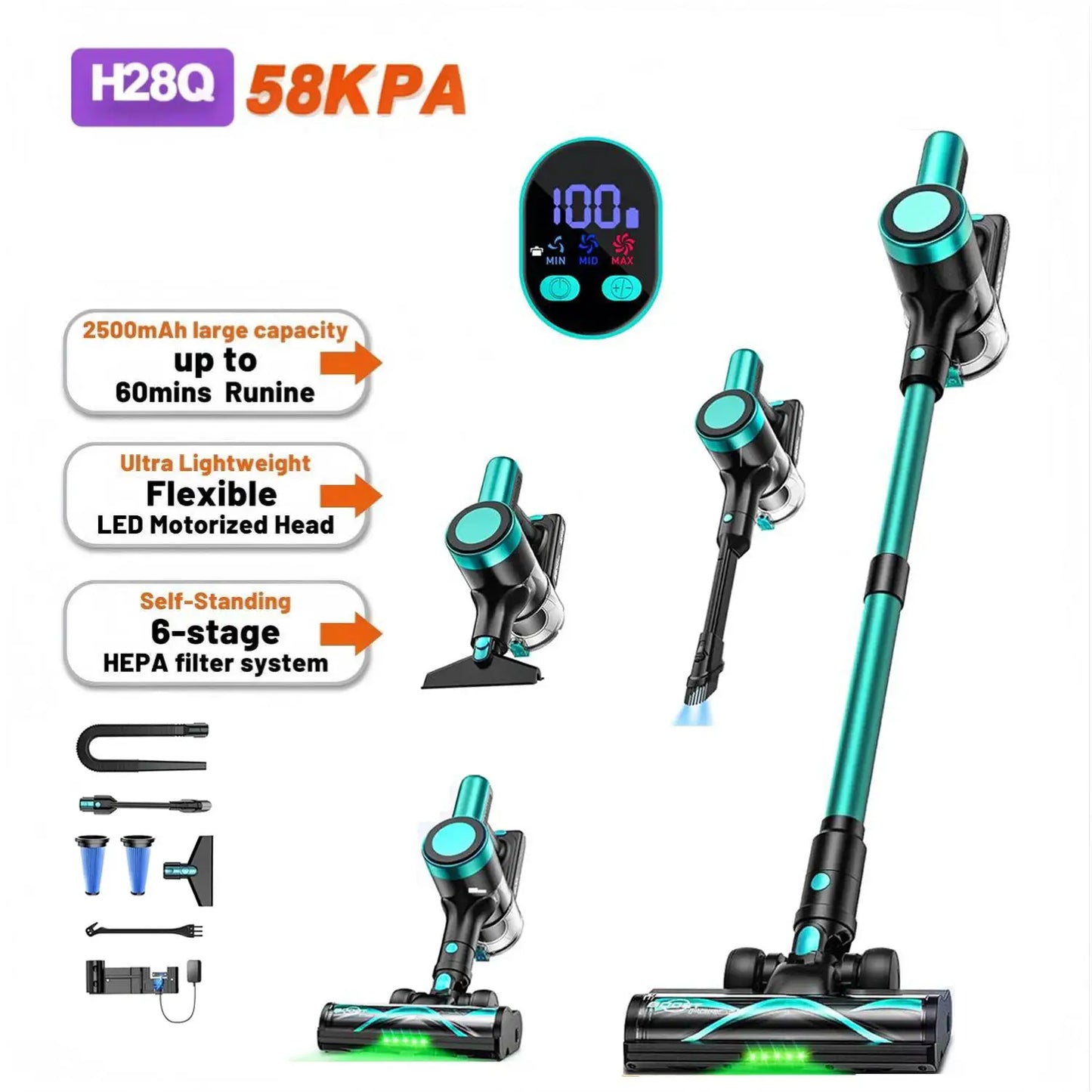 Cordless Vacuum Cleaner | 58KPa Suction | 55 Min Runtime | LED Lighting Brush