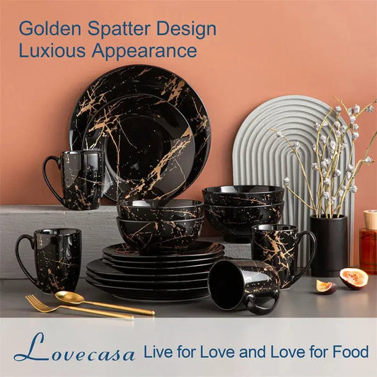 16Pcs Black Procelain Tableware Set Design By Gold Splash with Dinner Plate/Cake plate/Bowls/Coffee Cups Kitchen Dinner Ware Set from PriceLows™