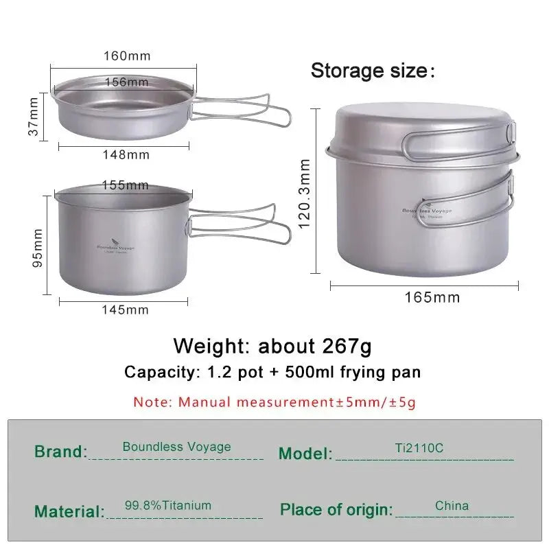 Titanium Pot Pan Set | Pot 1000ml | Foldable Handles | Pot 14cm, Pan 14.4cm