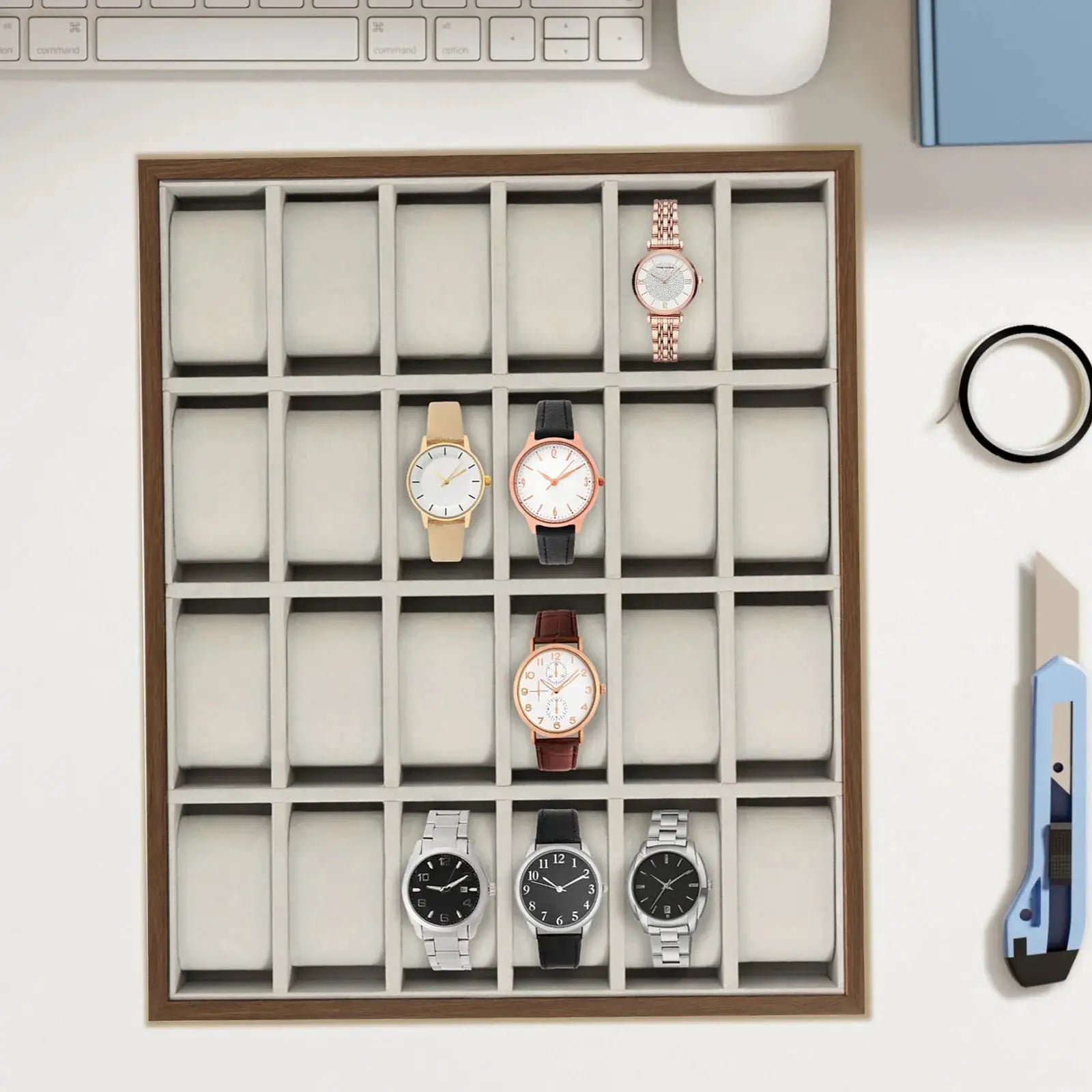Elegant 24 Slot Watch Box with Removable Pillows, Wood Veneer Jewelry Organizer Display Case for Bracelets, Earrings, Necklaces from PriceLows™