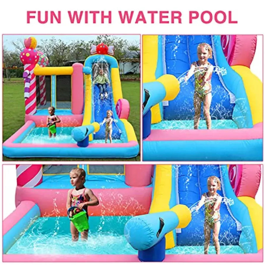 Inflatable Bounce House with Blower Water Slide Bouncy Castle Jumping Playhouse Sprinker Water Cannon Climbing Wall Splash Pool from PriceLows™