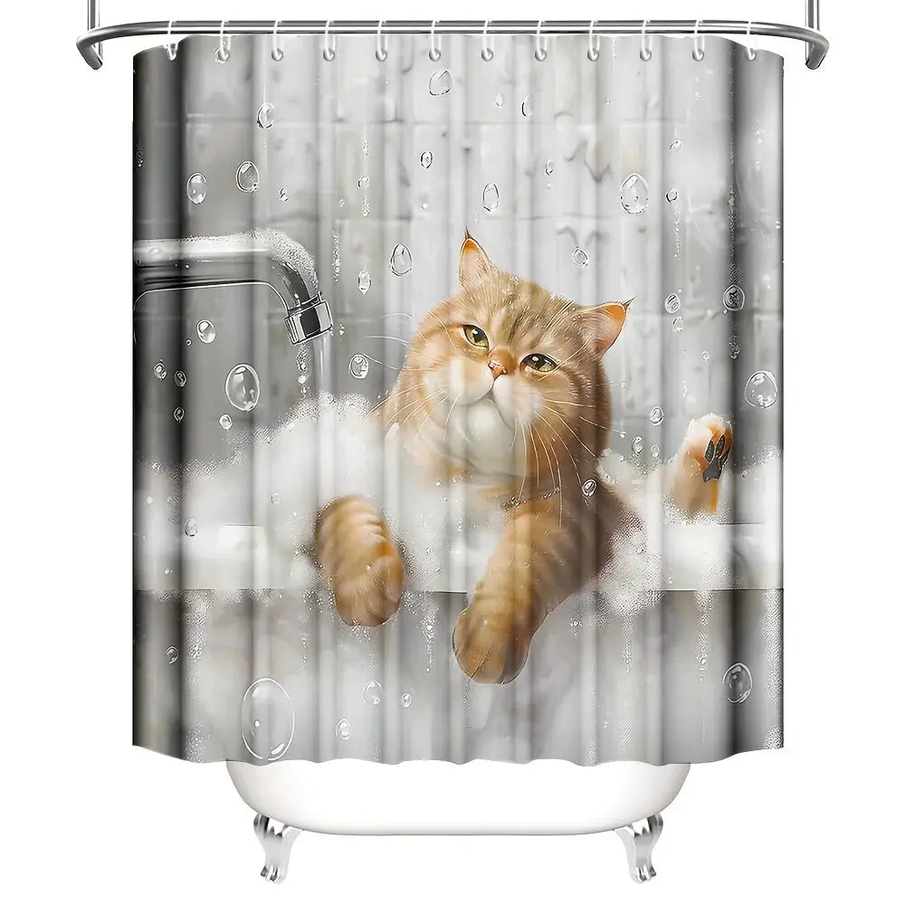 1pc Shower Curtain - Adorable Orange Cat in a Bathtub with Bubbles and Water Drops Design Waterproof from PriceLows™