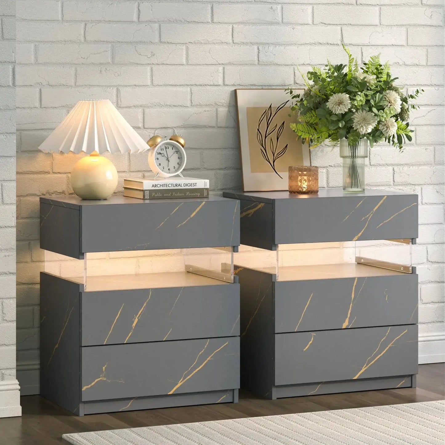 Cubehom Bedside Tables 2 Set with LED Lighting White Bedside Table with 3 Drawers Bedside Table for Bedroom from PriceLows™