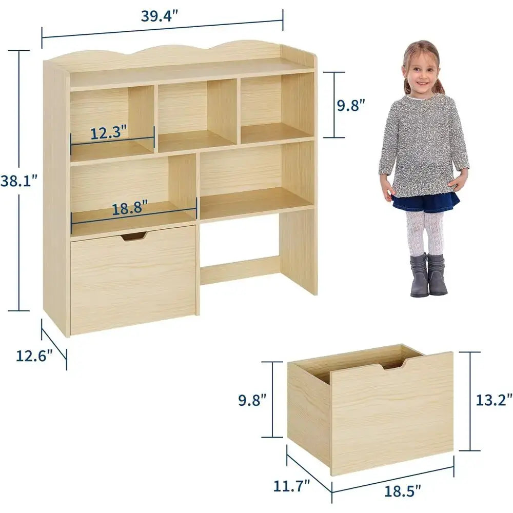 Children's Bookcase and Toy Storage Organizer with Movable Drawers, Natural Finish from PriceLows™