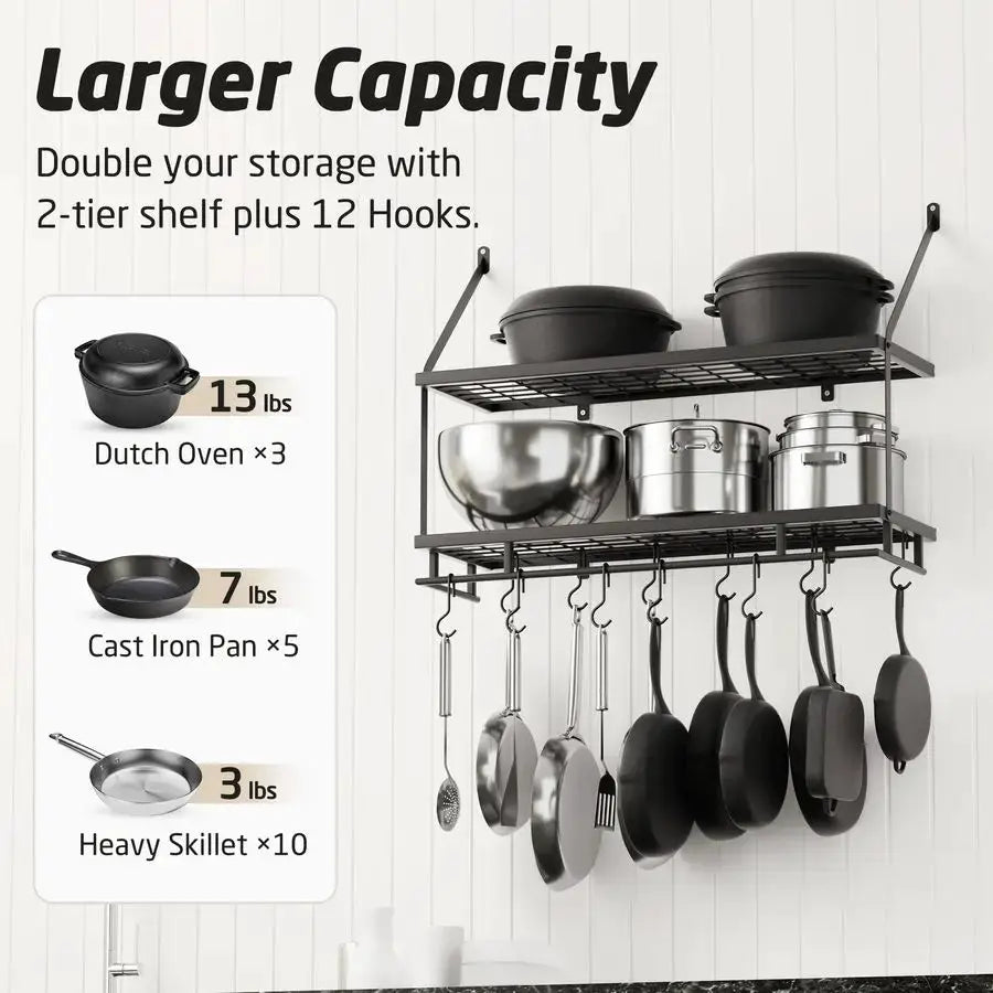 30Inch Kitchen Pot Rack Mounted Hanging Rack for Kitchen Storage and Organization Matte Black 2Tier Wall Shelf with Guard Rail f from PriceLows™