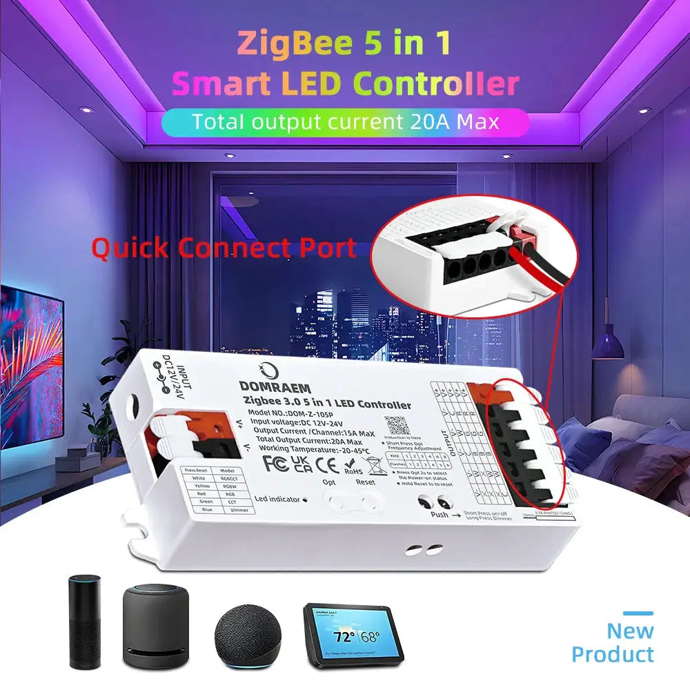 DOMRAEM Zigbee 3.0 5 in 1 LED Strip Controller DIMMER CCT RGB RGBW RGBCCT Compatible with HU*E SmartThings APP Voice 20A Max from PriceLows™