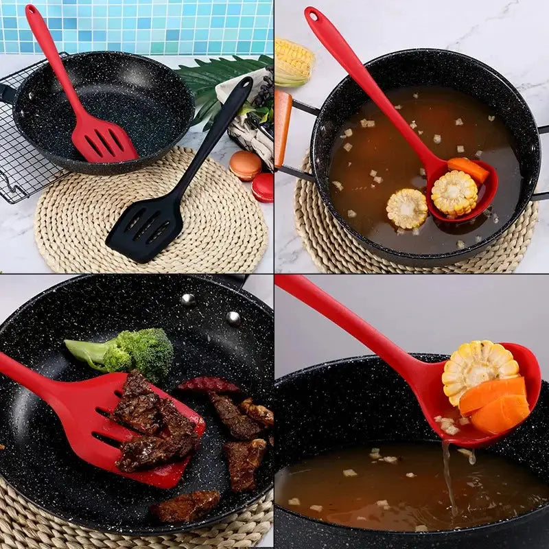 10 Pcs/Set Silicone Kitchen Utensils Set Non-Stick Silicone Tong Spoon Spatula Pasta Server Whisk Ladle Strainer Cooking Tools from PriceLows™