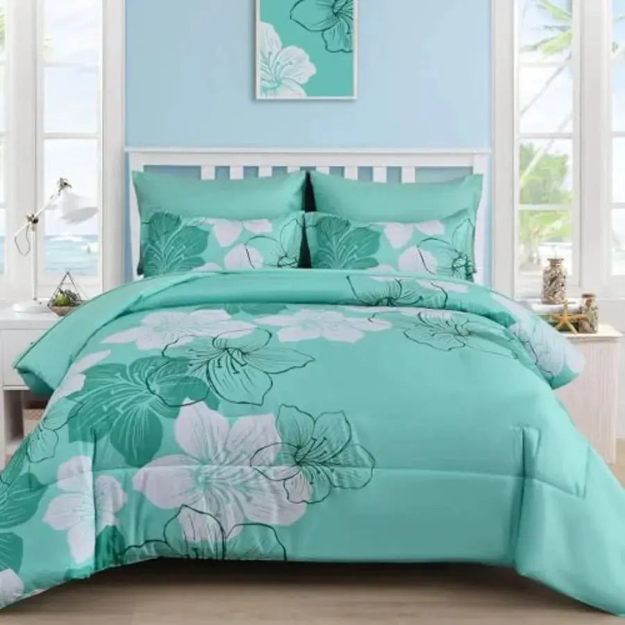Comforter Set Size 7 Pieces Bed in a Bag, Turquoise Floral Comforter and Sheet Set, Soft Microfiber Complete Summer Bedding Set from PriceLows™