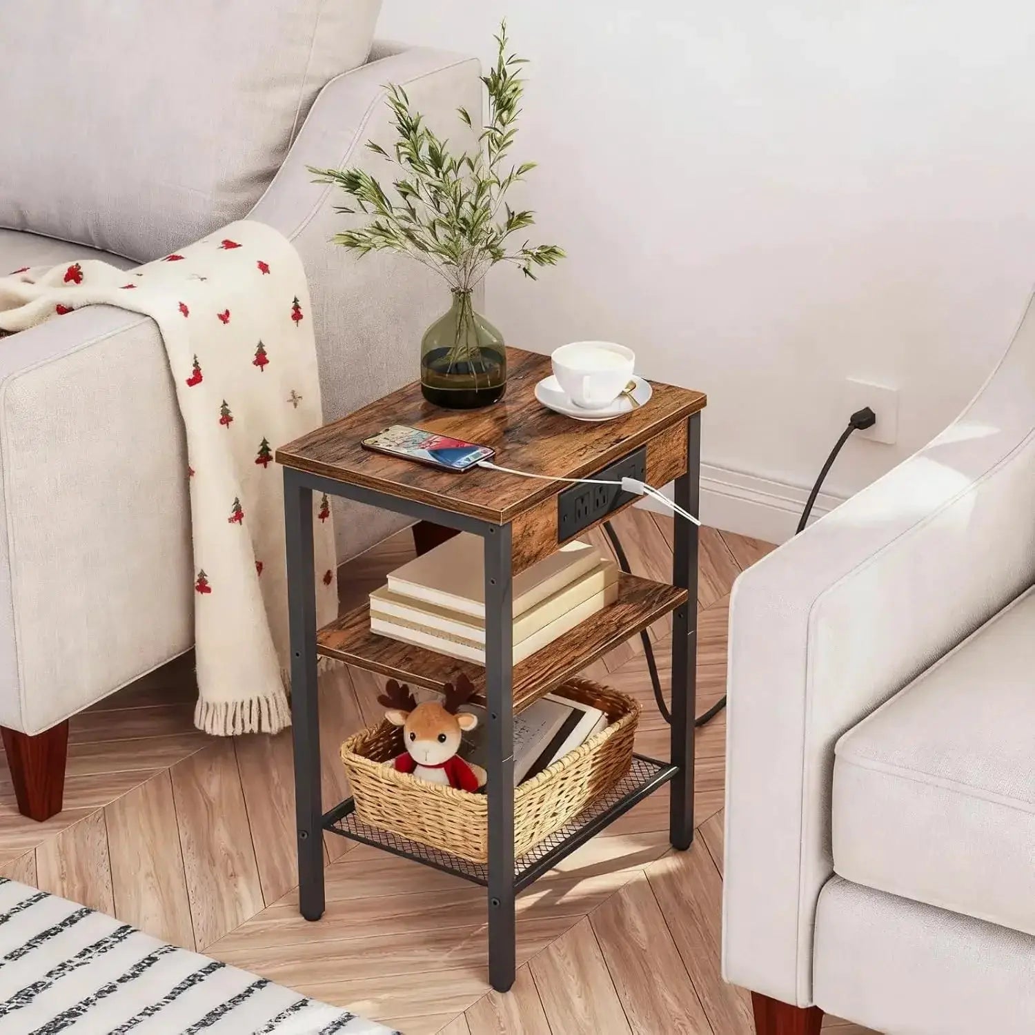 Compact Side Table With Charging Station, USB Ports & Adjustable Shelves For Living Room, Bedroom – Rustic Brown from PriceLows™