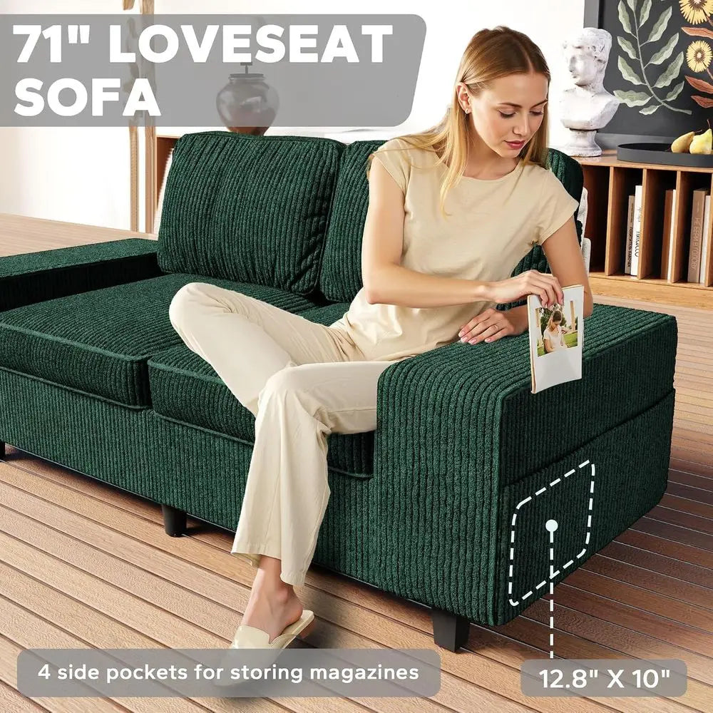 Retro Corduroy Loveseat | Corduroy Fabric | 4 Side Pockets | Green