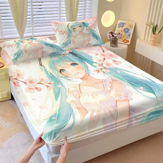 3Pcs Hatsune Miku Sakura Cherry Blossom Fitted Sheet Set Watercolor Anime Bed Cover with Pillowcases Teens Fans Room Decor Gift from PriceLows™