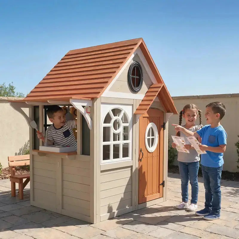 Qaba Outdoor Playhouse, Wooden Kids Playhouse with Dog Door, Cookware, Blackboard, Clock, Tic-Tac-Toe Roller for Backyard from PriceLows™