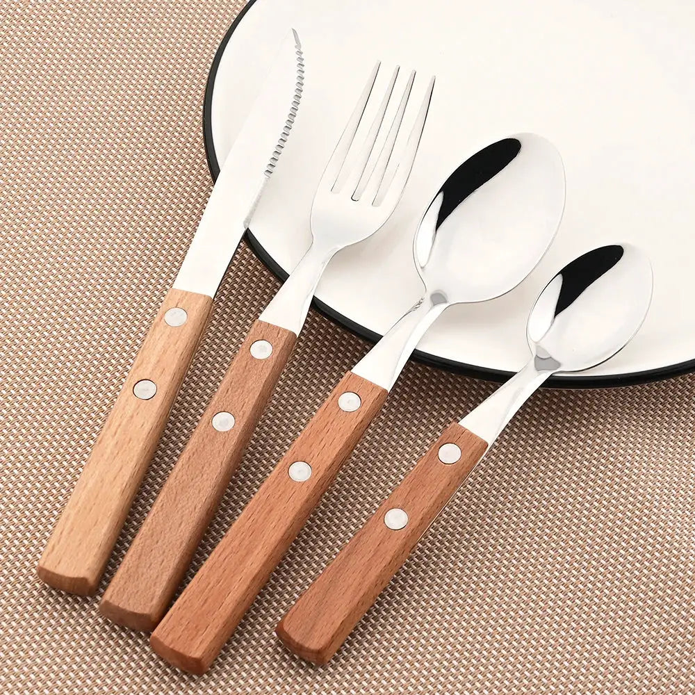 Knife Fork Teaspoon with Wooden Handle 304 Stainless Steel Cutlery Set 6/24Pcs Tableware Mirror Dinnerware Home Flatware Kitchen from PriceLows™