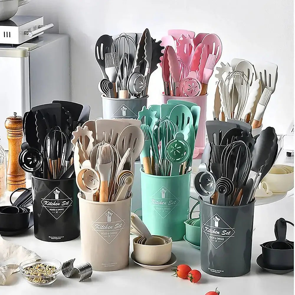 Silicone Kitchen Utensil Set | 34 Piece Collection | Wooden Handles | Black