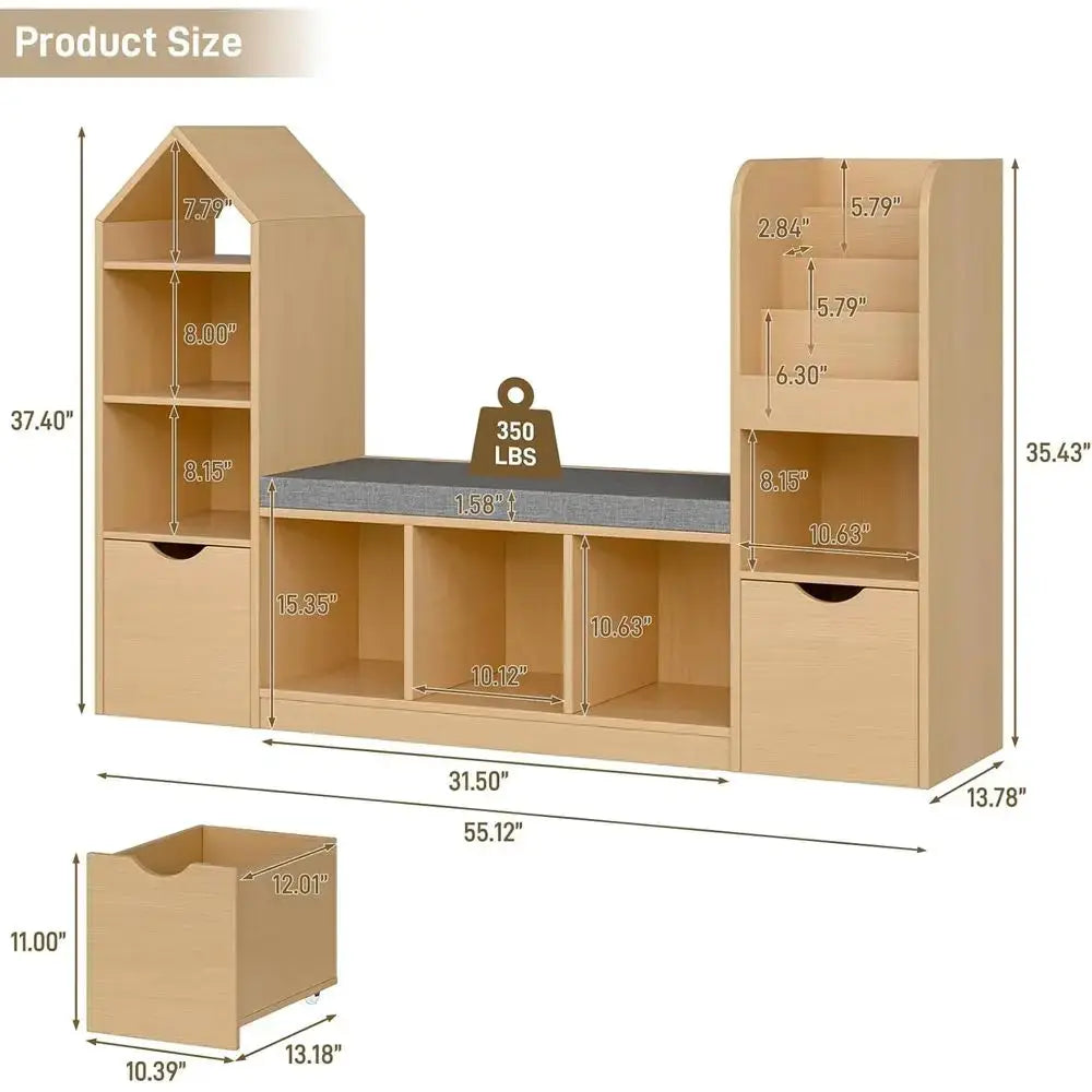 Children's Bookshelf with Reading Nook, Storage Organizer, Seat Cushion, 2 Movable Desks, 7 Storage Cubbies, Suitable for Playro from PriceLows™