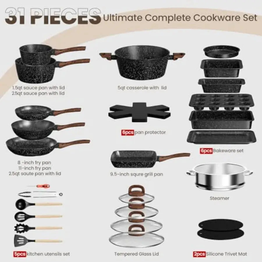 Pots and Pans Set Non Stick, 31 Piece Kitchen Induction Cookware and Bakeware Set, Nonstick Kitchen Cooking Pans Set with Fryin from PriceLows™