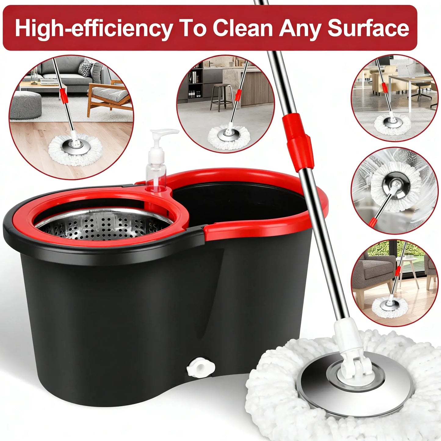 360° Spin Mop and Bucket Set, Self Wringing Floor Cleaning System with 3 Refill Heads, Adjustable Handle for Home Hard Floors from PriceLows™