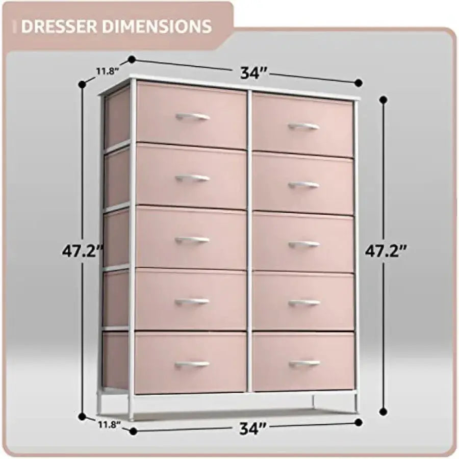 Dresser with 10 Drawers - Pink Storage Unit Organizer Chest for Clothes - Bedroom Nursery Closet 34 x 12 x 47 inches from PriceLows™