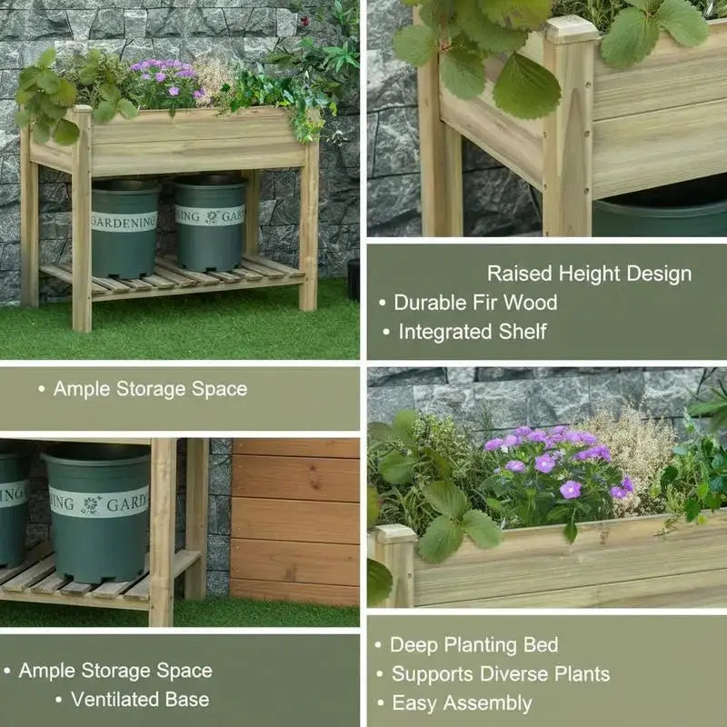 Garden Wooden Planters， Raised Garden Bed with Legs and Storage Shelf Elevated Wooden Planter Box from PriceLows™