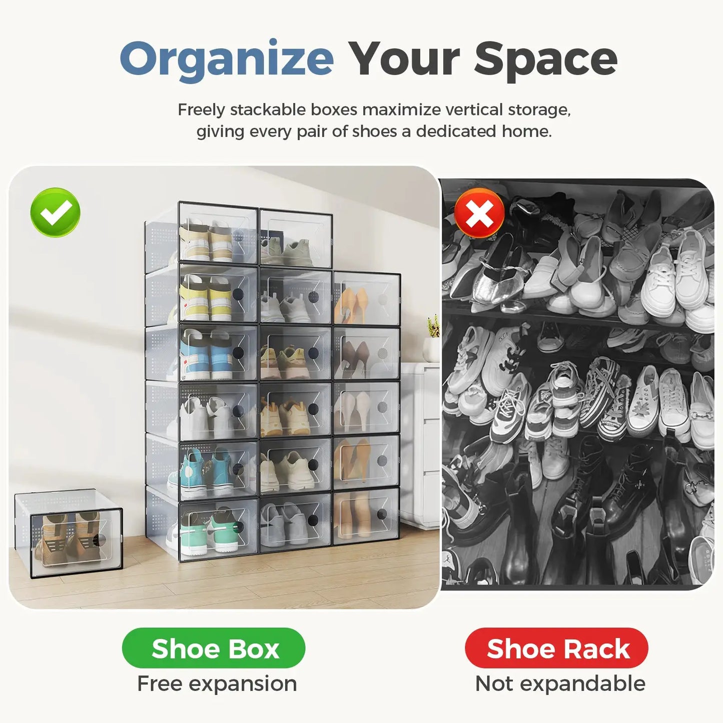 JHK 12/15 Pack Plastic Stackable Shoe Organizer with Lids for Closet Foldable Shoe Rack Sneaker Container Under Bed and Entryway Space Saving Cabinet Home Furniture from PriceLows™