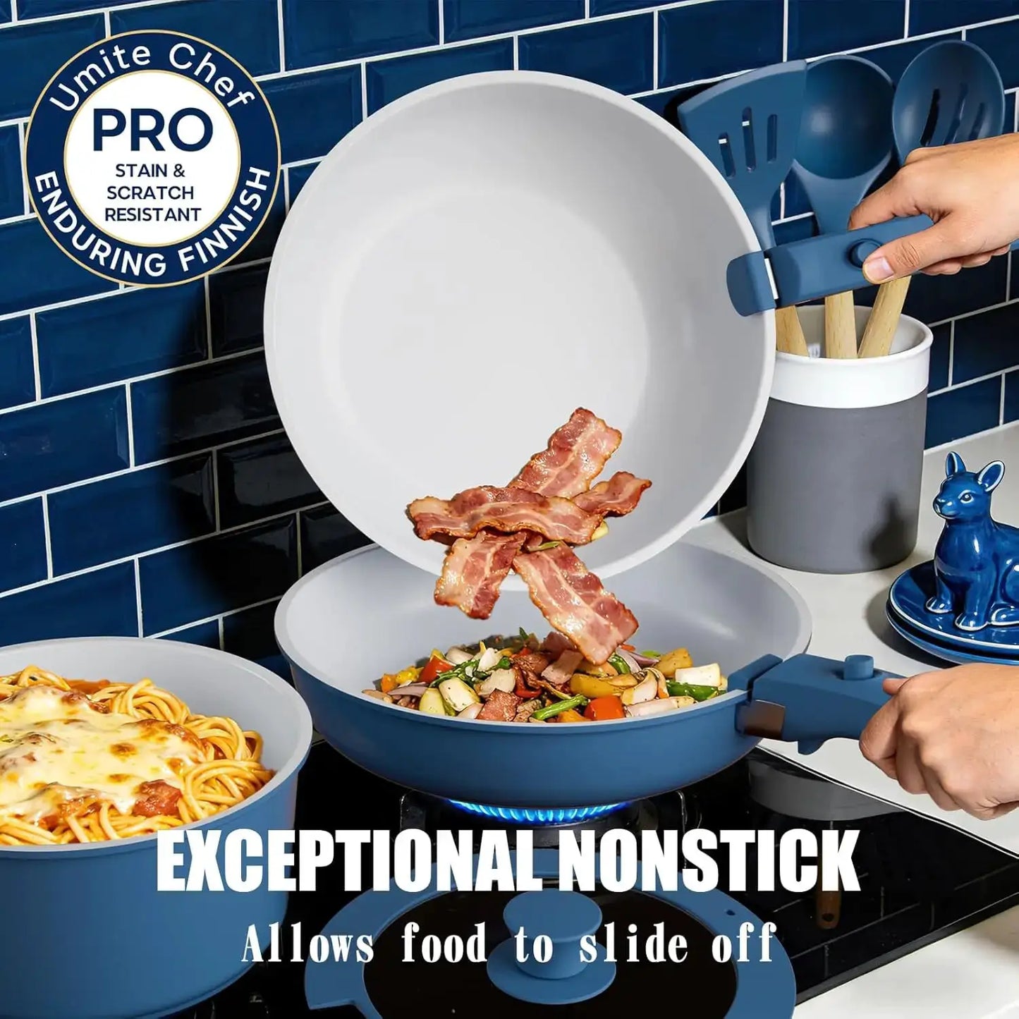 Non Stick Pots and Pans Set, 21 Pcs Ceramic Cookware with Detachable Handles, Induction Ready, Oven Safe, PFAS & PFOA Free, Navy from PriceLows™