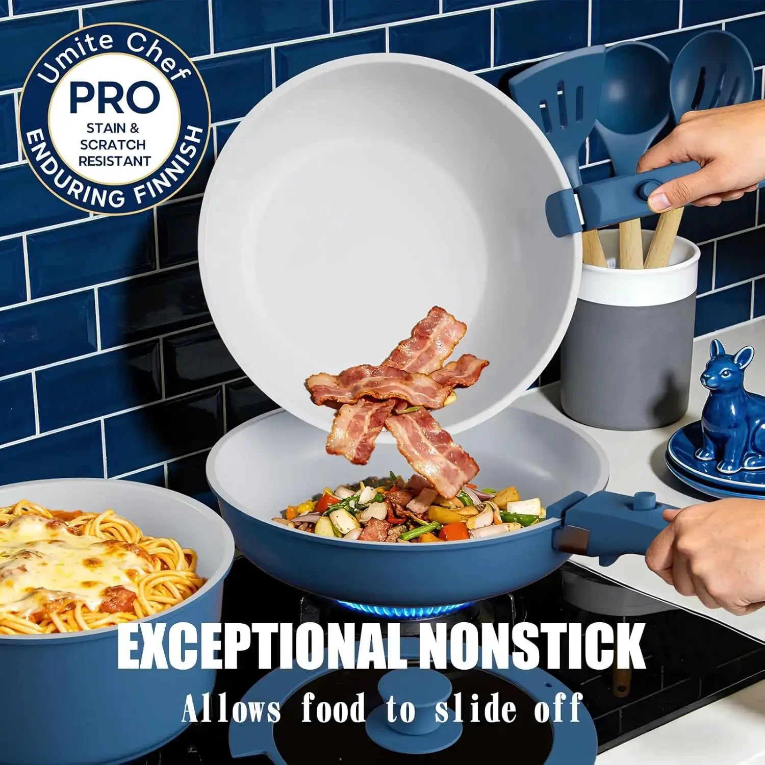 Non Stick Pots and Pans Set, 21 Pcs Ceramic Cookware with Detachable Handles, Induction Ready, Oven Safe, PFAS & PFOA Free, Navy from PriceLows™