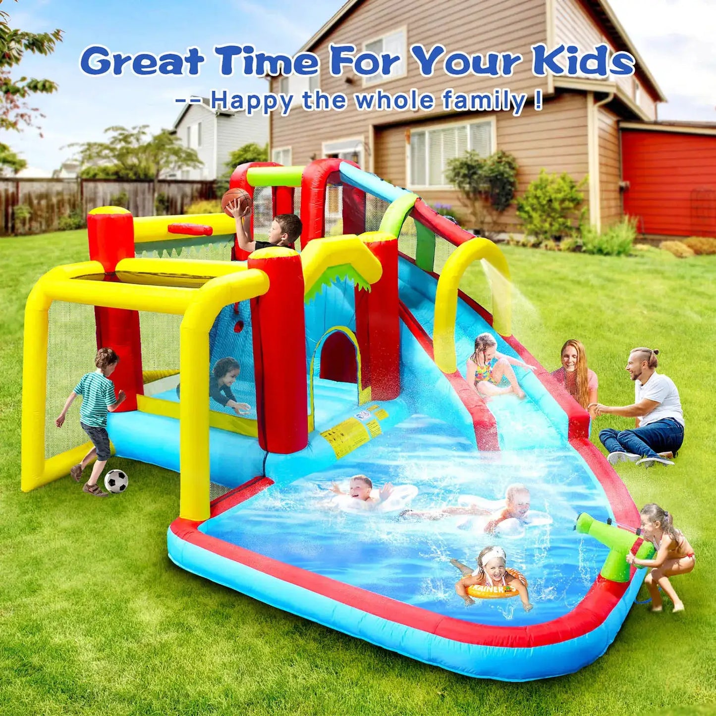 Inflatable Water Slide with Blower, All in 1 Bounce House Jumping Castle With Pool, Outdoor Backyard Playground For Summer Party from PriceLows™