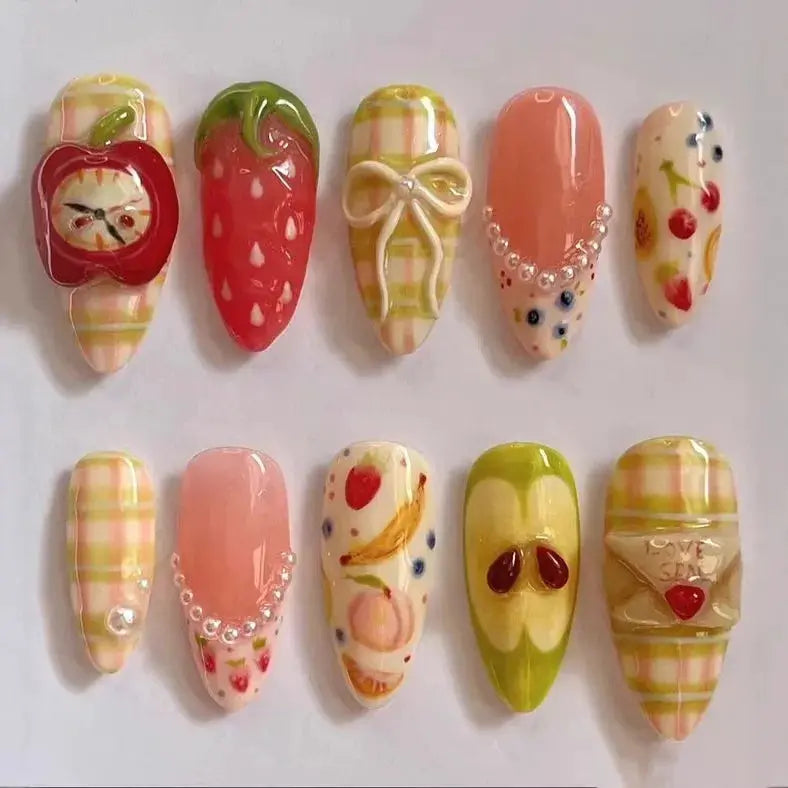 Press On Nails | Almond Shape | Green Lotus Frog Design | 24 Piece Kit