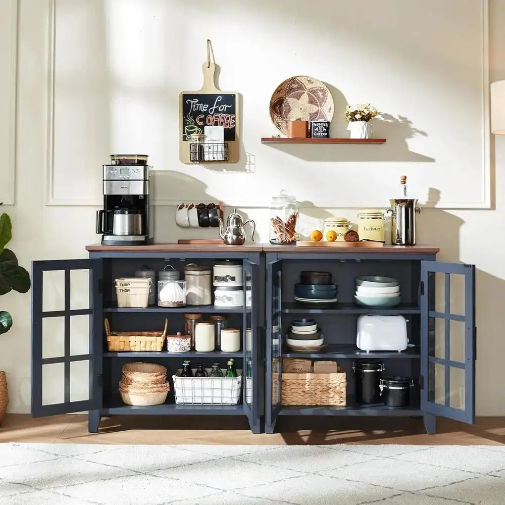 32 Navy Blue Kitchen Coffee & Wine Bar Cabinet with Storage and 2 Glass Doors from PriceLows™