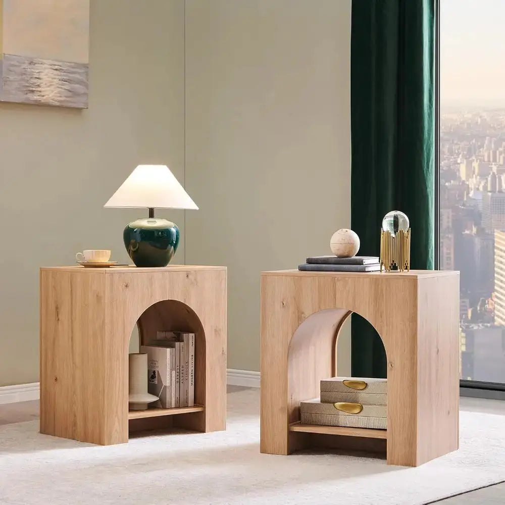 Set of 2 Arched End Tables with 22 Nightstands, Charging Station, USB & Type-C Ports, Natural Finish from PriceLows™