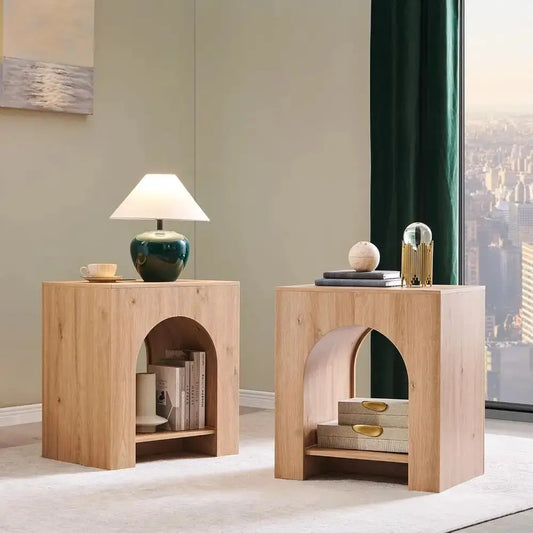 Set of 2 Arched End Tables with 22 Nightstands, Charging Station, USB & Type-C Ports, Natural Finish from PriceLows™