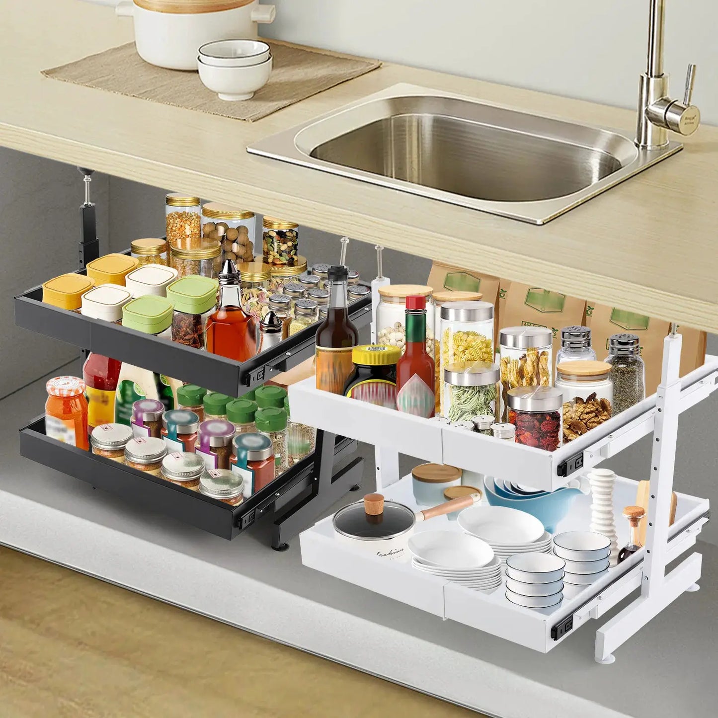 Carbon Steel Expandable Pull out Cabinet 2 -Tiers Organizer Pull Out Drawers for Cabinets Slide Out Cabinet Organizer from PriceLows™