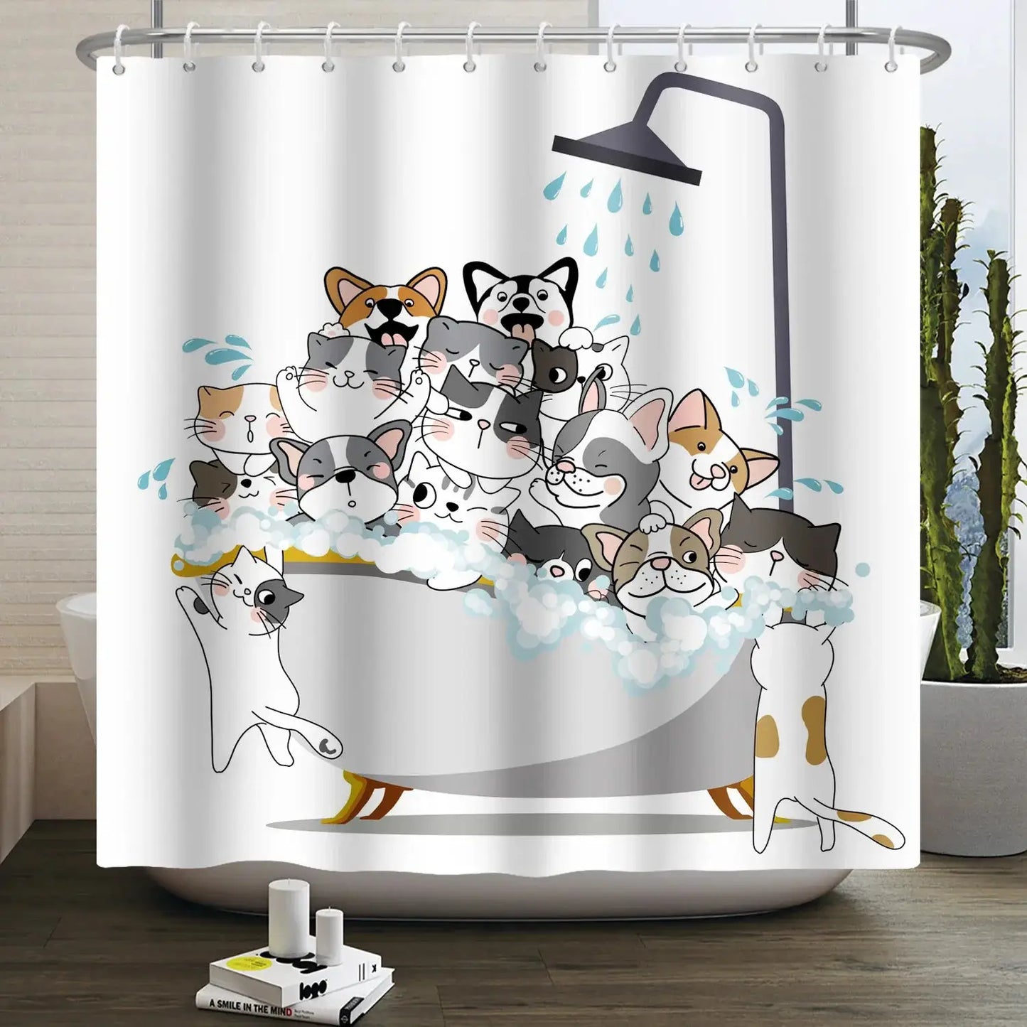 Cartoon Cat Shower Curtain Funny Animal Cute Cat Dog Kids Print Waterproof Bath Bathroom Shower Curtains Decoration with Hooks from PriceLows™