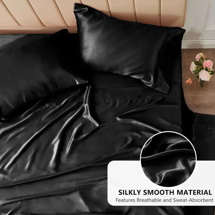 Satin Sheets King Size Sheet Set 4 Piece Silky King Sheets, Luxury Black King Bed Set with Smooth and Soft Microfiber, Includes from PriceLows™
