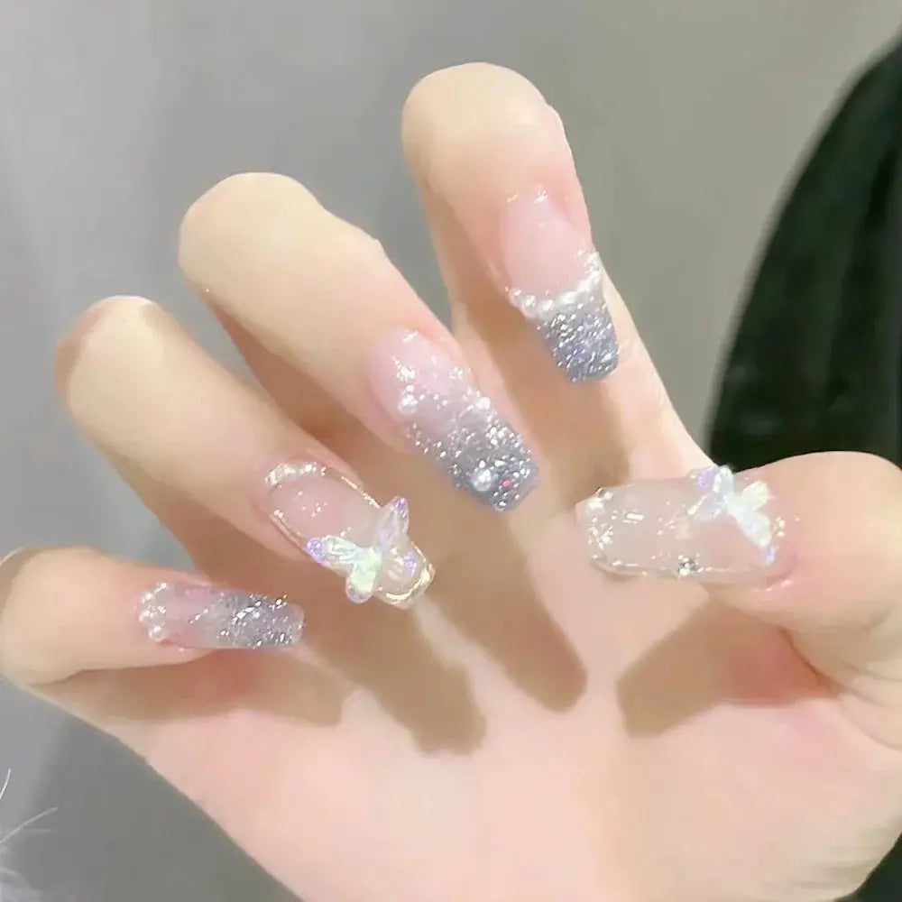 Press On Nails | Long Square Shape | Pink Blue Gradient Glitter | 24 Piece Set