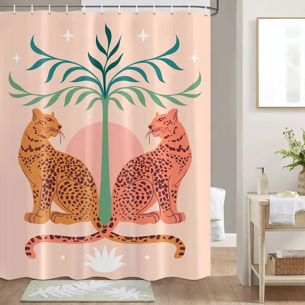 Boho Cheetah Shower Curtain,Tropical Leopard Wildlife Bath Curtain,Modern Pink Aesthetic Moon Phase Blue Floral Bathroom Curtain from PriceLows™