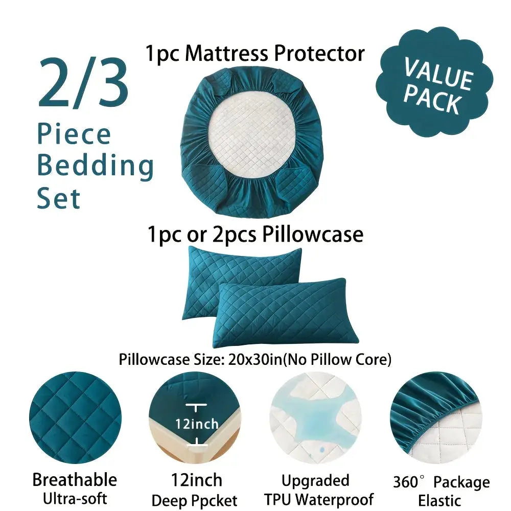 2/3pcs High Quality Waterproof Mattress Protector Set With Ultra-Soft Envelope Pillowcase Closures, Noiseless Fitted Sheet from PriceLows™